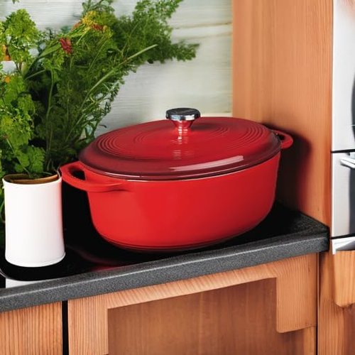 Lodge Enameled Cast Iron Oval Dutch Oven - 7 Quart with Lid & Dual Handles - Oven Safe to 500°F - Red