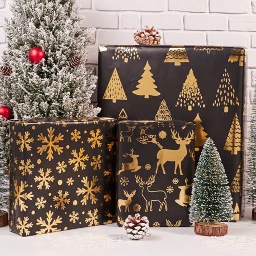 Black Gold Christmas Wrapping Paper Roll Set - 3 Rolls, 17x118 in