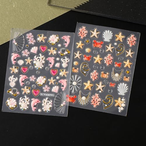 5D Embossed Summer Beach Nail Art Stickers Cute Starfish Crab Decals 2 Sheets