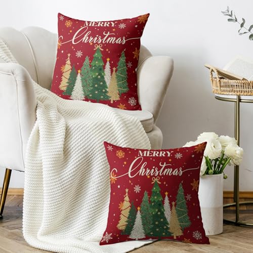 Merry Christmas Pillow Covers 18x18, Set of 2 Dark Red Holiday Throw Cases
