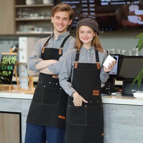 APRONPANDA Chef Apron - Black Heavy Duty Canvas with Pockets & Adjustable Strap