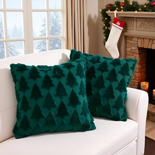Tosleo Christmas Tree Throw Pillow Covers, Soft Faux Fleece, 18x18, Set of 2