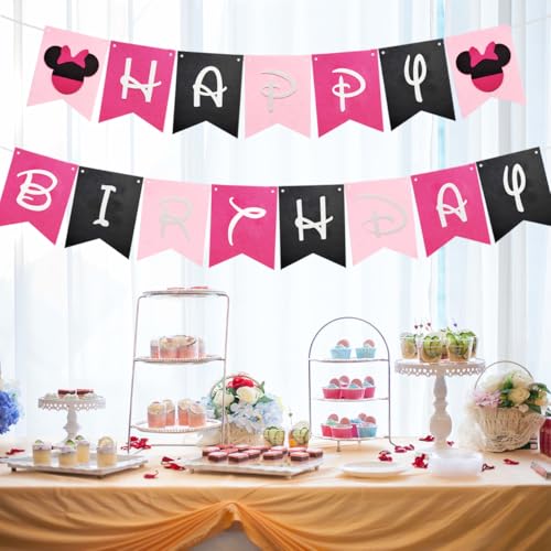Pink Happy Birthday Banner - Pre-strung Felt Mouse Ear Party Decoration