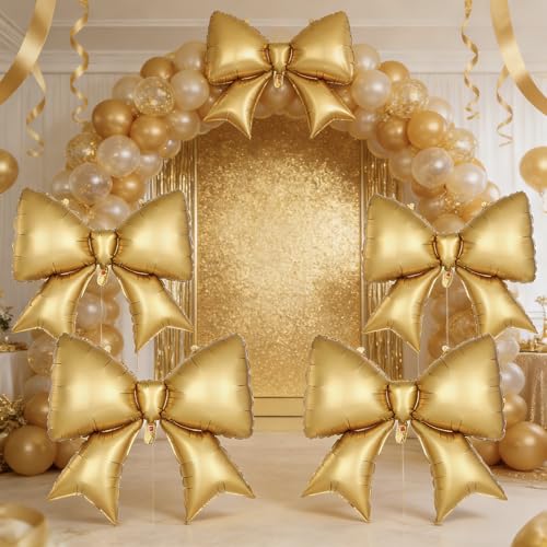 5 Pcs 38-Inch Gold Bow Foil Balloons - Coquette Party Decorations