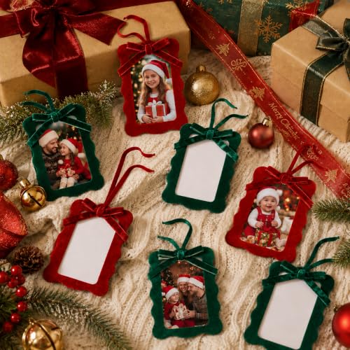 Christmas Velvet Photo Frame Ornaments Set - Red & Green Holiday Decor