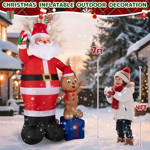 7FT Christmas Inflatable Scene - Santa & Gingerbread with Lights - Santa-Gingerbread Eva