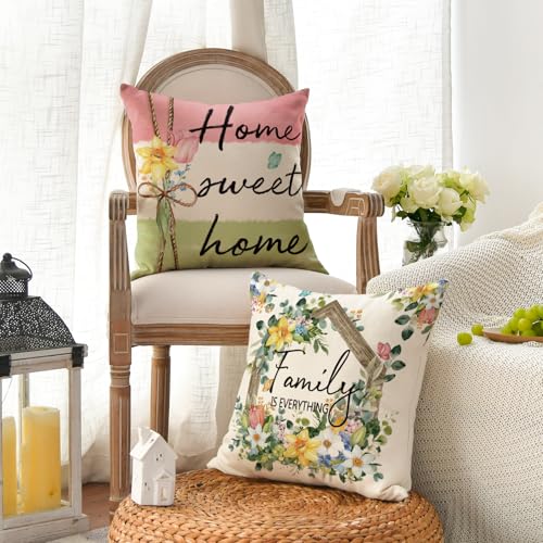 Floral Throw Pillow Covers 18x18 Inch, Spring Decorative Cushion Cases Set of 4
