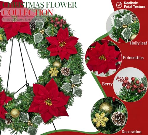 Artificial Cemetery Wreath - 24 Inch Outdoor Grave Decoration with Poinsettia for Winter Remembrance