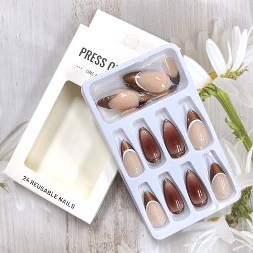 Brown French Almond Press On Nails Medium Acrylic False Nails Kit