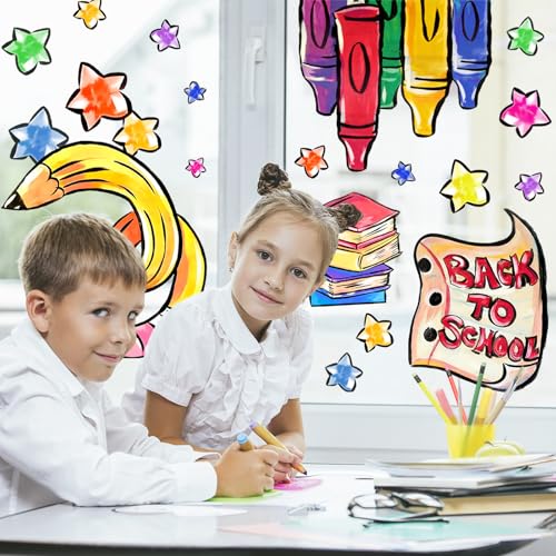 Back to School Window Clings - Colorful Pencil & Crayon Decals, 32.3 x 13.8 Inch, 2 Sheets