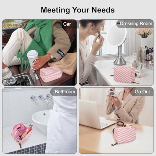 DOB SECHS Mini Striped Nylon Cosmetic Bag & Travel Makeup Pouch, Pink