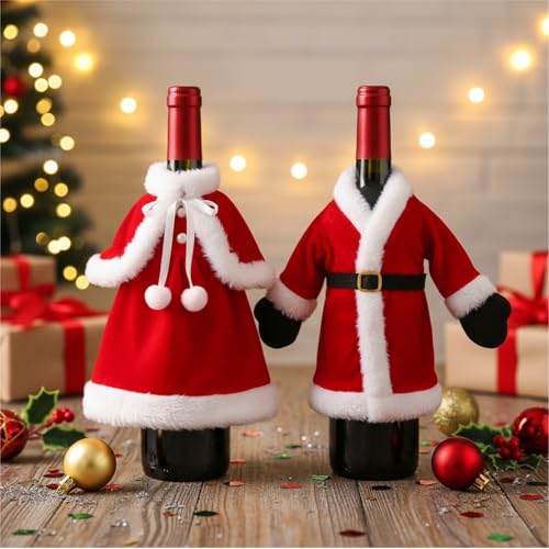 Santa Dress Wine Bottle Cover - 2pcs Christmas Holiday Party Decor