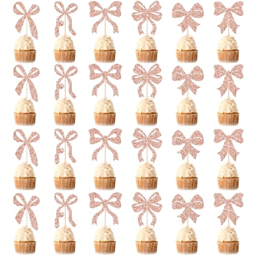 24 Pink Bowknot Cake Toppers - Wedding & Birthday Party Decor