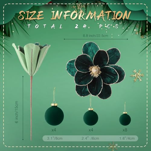 Green Velvet Christmas Tree Decorations Set with Poinsettias & Ornaments