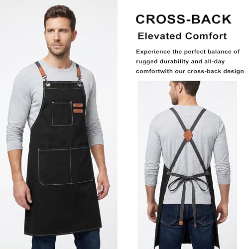 ZOMAO Black Chef Apron for Men & Women - Waterproof Cotton Canvas with Large Pockets