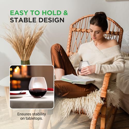 NutriChef Stemless 4 Wine Glasses 15 Ounces, Hand Blown Glasses for Home, Bar & Restaurant, Dishwasher Safe, Gift Set for Wine Lovers, Friends