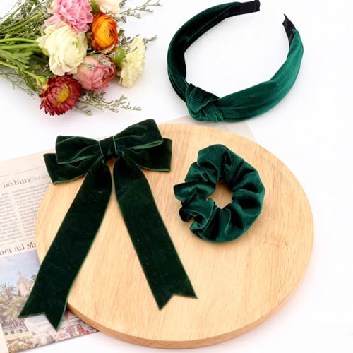 FASOTY Dark Green Velvet Hair Accessories Set for Girls, 3-Piece Bow, Headband and Hair Tie