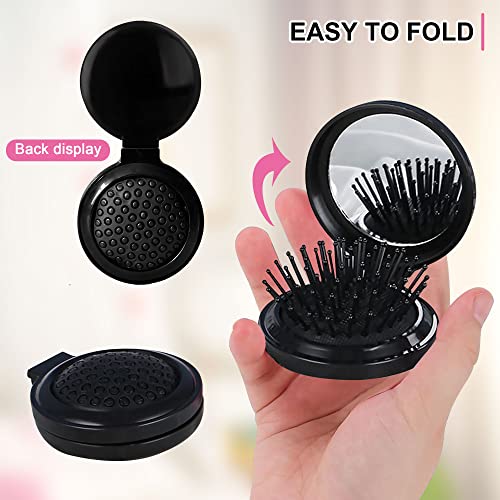 Folding Hair Brush with Mirror Round Compact Travel Hairbrush Silver