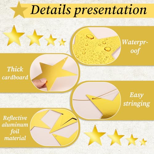 24Pcs Gold Hanging Star Decorations - Glitter Cardboard Cutouts with String