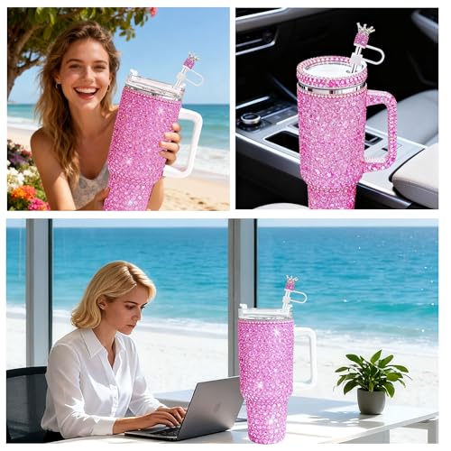 3Pcs Crown Diamond Straw Toppers Set for Stanley Cup - Bling Straw Covers with Glittering Rhinestones for 30 & 40 Oz Tumblers,21 Colors for Princess Girls Gift (Hot Pink)