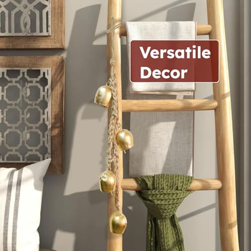 Christmas Hanging Large Cow Bells - Rustic Golden Metal Bells for Farmhouse, Garden & Holiday Décor (Medium Rope Set 4)