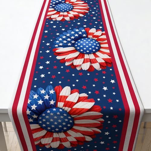 Patriotic 4th of July Table Runner USA Stars Floral Decor