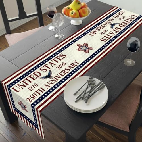 Patriotic Table Runner for 4th of July | 72 x 13 Inch Linen Decor