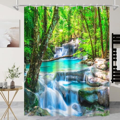 DORCEV Waterfall Forest Shower Curtain - 72x72 Inch Nature Landscape Print