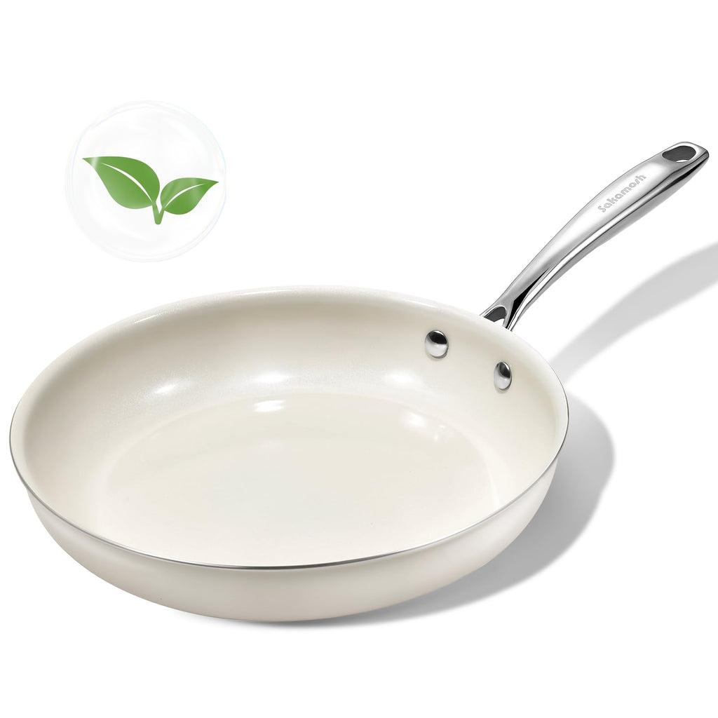 SAKAMOSH 11" Ceramic Frying Pan Nonstick, Skillet, Cooking Pan Non Toxic with Stay Cool Handle for Induction, Chef's Pan, PTFE & PFAS & PFOA Free, Dishwasher/Oven Safe, White