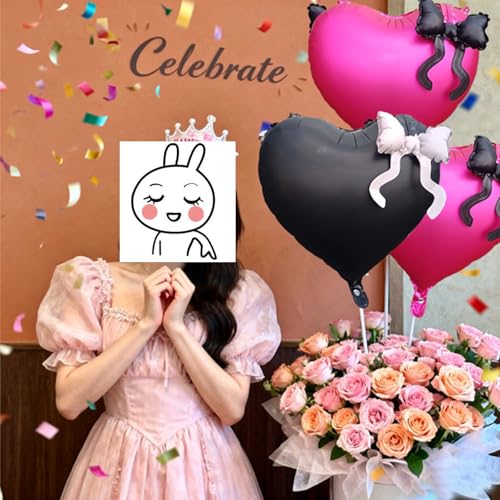 22 Inch Black and Red Heart Foil Balloons with Bow for Party Decor