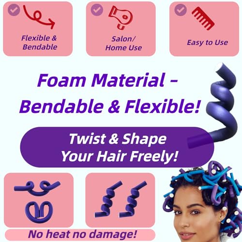 Flexible Foam Hair Rollers 10pcs No Heat Soft Twist Curlers Purple