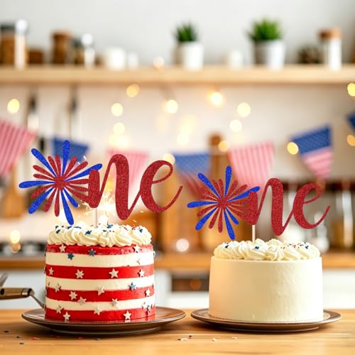 4th of July Cake Toppers - Red, White & Blue Glitter Set for 1st Birthday