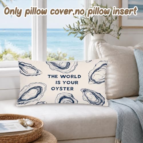 The World Is Your Oyster Coastal Lumbar Pillow Cover - Blue 12x20 Inch