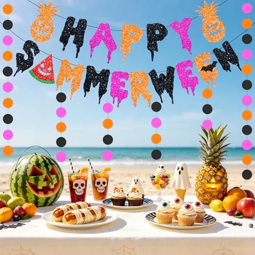 Happy Summerween Banner Set - Pre-Strung Glitter Pink Party Decorations