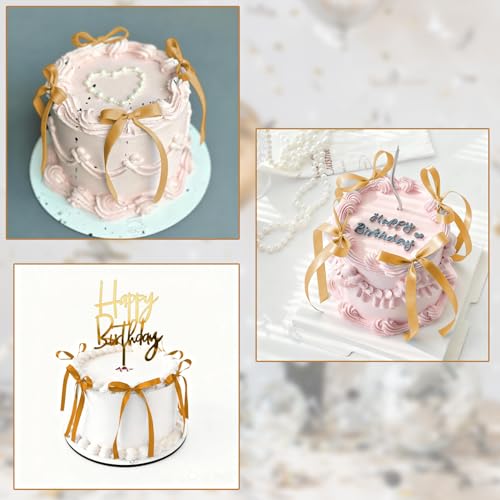 Gold Cake Topper Set with Acrylic Happy Birthday Sign and 10 Satin Ribbon Bows for Party Decorations