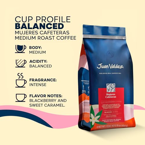 Juan Valdez Mujeres Cafeteras Whole Bean Coffee - Medium Roast Coffee Beans | 100% Colombian Coffee | 16 oz / 454 gr | A balanced coffee with flashes of sweet vanilla, cherry, blackberry and caramel notes