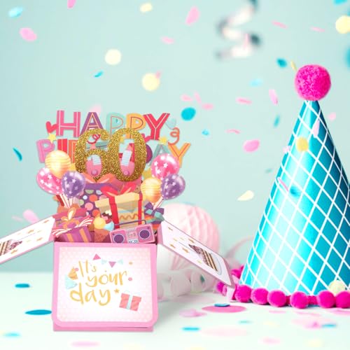 Gosknor 60th Birthday Pop Up Card - 3D Multicolored Boxed Card with Envelope
