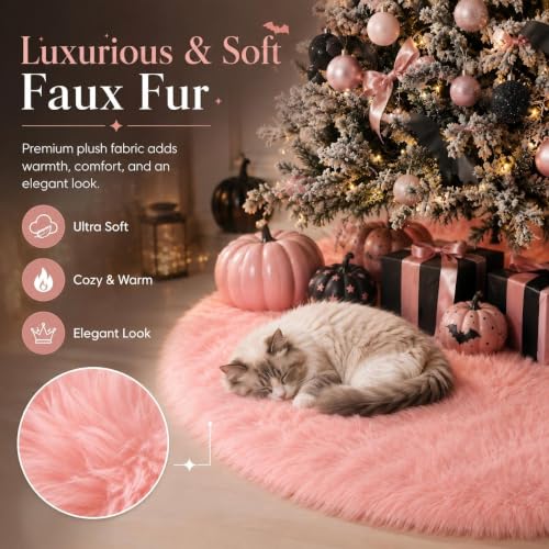Pink Faux Fur Christmas Tree Skirt 28 Inch for Holiday Decor - MACTING