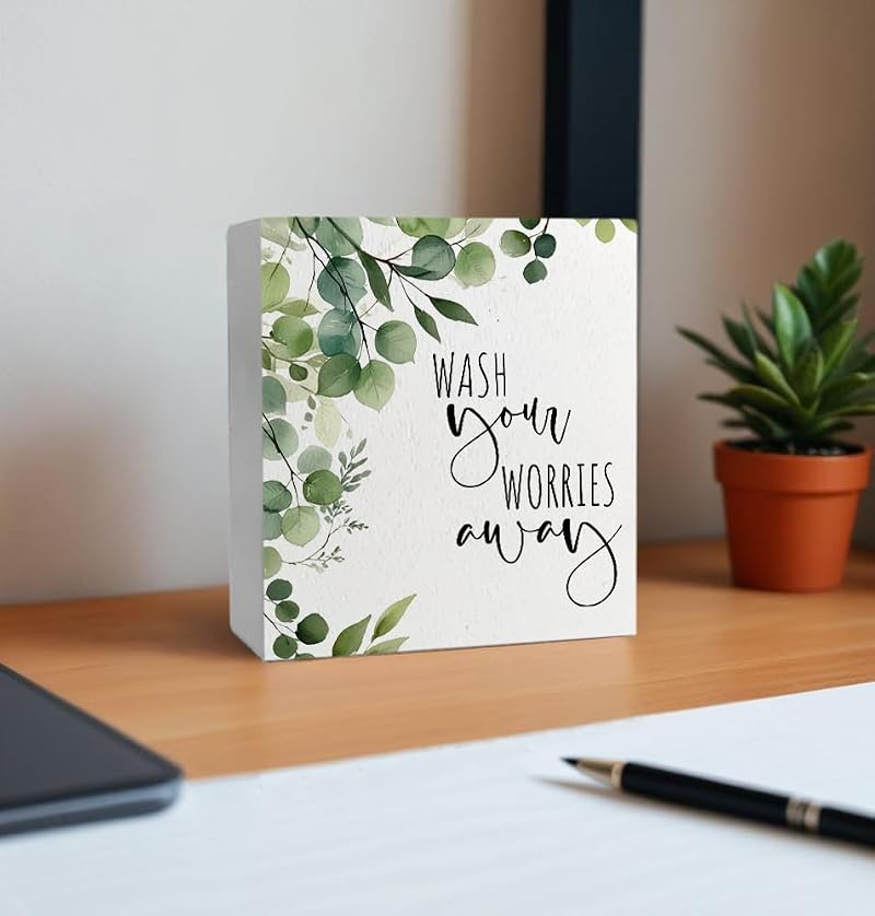 Wash Your Worries Away Funny Bathroom Wood Box Sign - Eucalyptus Style I