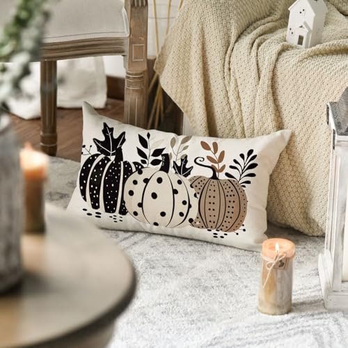 Fall Pumpkin Polka Dot Leaves Throw Pillow Cover 20x12 Inch
