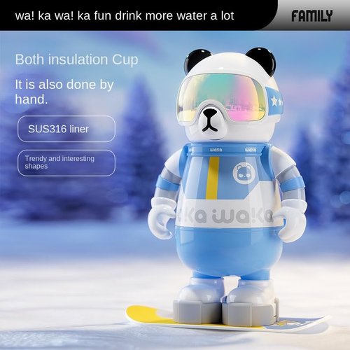 Waka Snowboarder Panda Insulated Water Bottle, SUS316 Liner, 6h Temperature Lock, Portable with Strap (Blue)