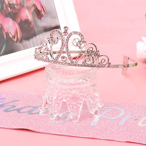 AOPRIE Birthday Sash and Rhinestone Tiara Set for Women, Pink 2-Pack