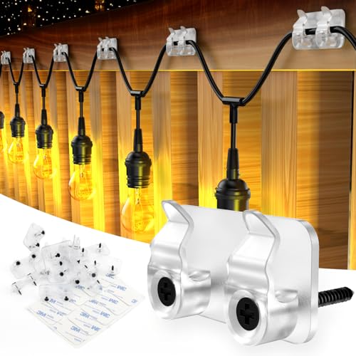 FALDAA 50Pcs Outdoor Light Clips, Heavy Duty Waterproof Double-Hook Hangers with Adhesive Strips and Screws for Patio String Lights