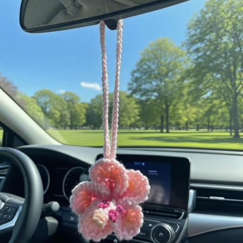 Handmade Crochet Hibiscus Car Hanging Decor - Pink Flower Charm