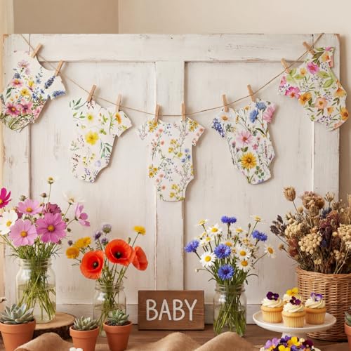 Frienda Wildflower Baby Shower Banner - Bodysuit Garland with Clips