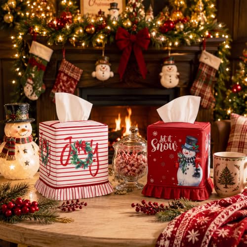 Snowman Tissue Box Cover - 2 Piece Christmas Linen Decor with Ruffled Edges