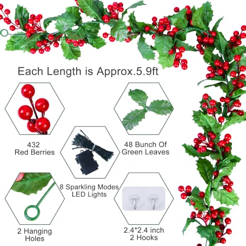 6FT Red Berry Holly Christmas Garland with Lights - Battery Operated