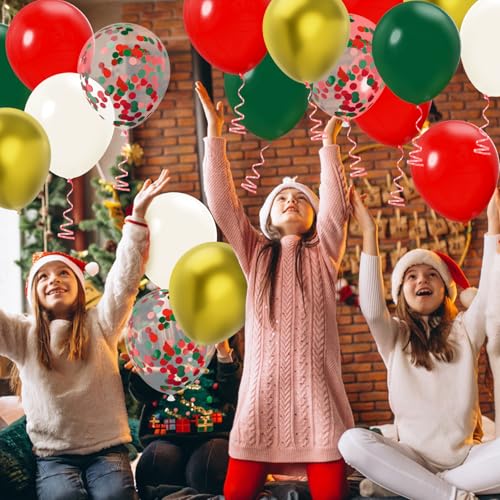 Red Green White Gold Balloons Set - 60 pcs Latex Christmas Party Decorations with Confetti