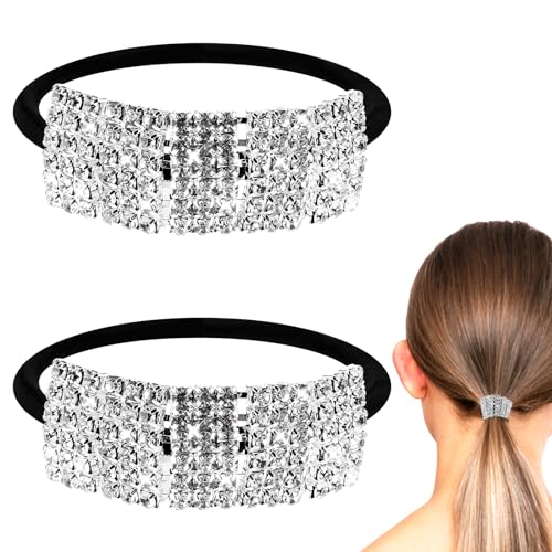 Bremorou 2 Pcs Sparkly Rhinestone Ponytail Holders Silver Crystal Scrunchies