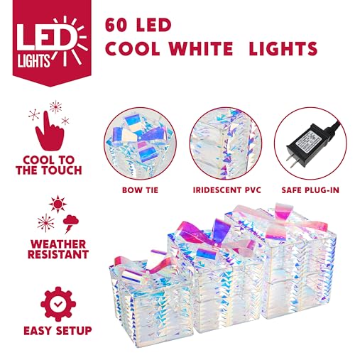 Iridescent Christmas Lighted Gift Boxes Set of 3 - Light Up Holiday Decor
